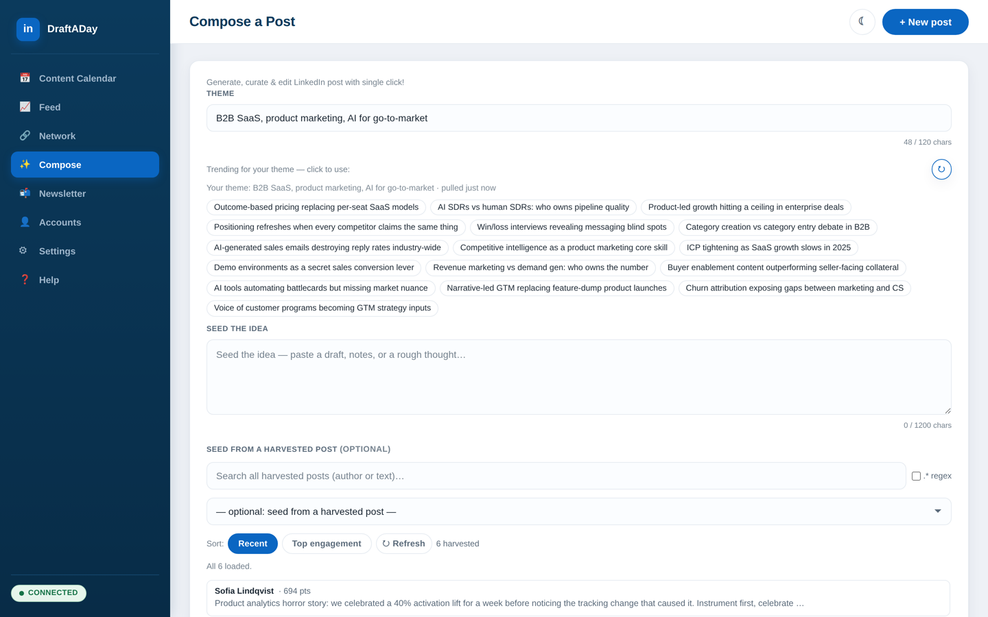Compose view: theme box with live trend chips and harvested seeds