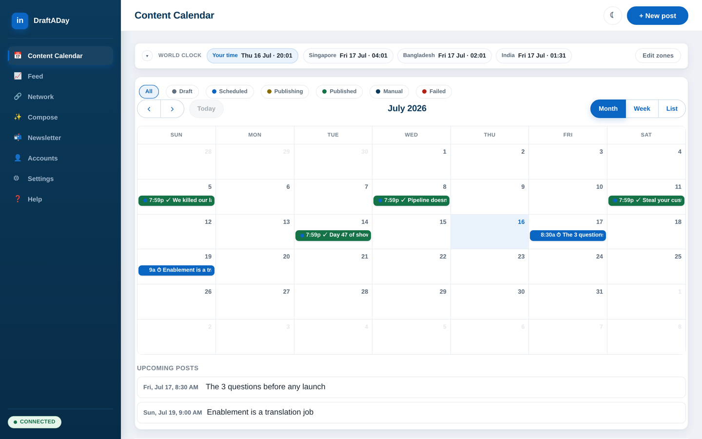 Content Calendar: month grid with published and scheduled posts